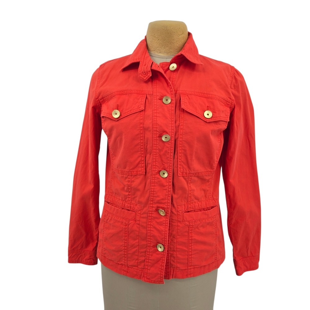 Cabi Military Peplum Jacket Womens Medium Red Button Up Ruffle Back Utility Coat